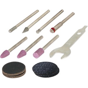 Zubehör-Set für Worx MakerX Multifunktionswerkzeug: Schleif-, Polier- und Gravuraufsätze, sowie Schraubenschlüssel.