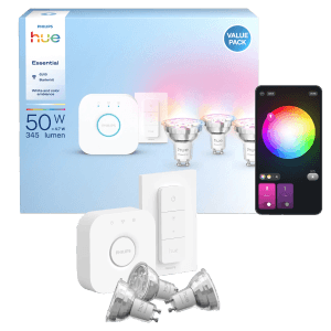 Philips Hue Starter Kit Essential Hue Bridge inkl. 3 Leuchtmittel GU10 & Dimmer