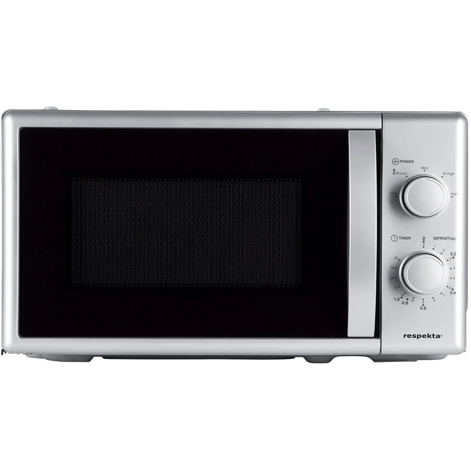 Respekta Mikrowelle MW700 für Küchenzeile, silberfarben, mit Drehwählern für Leistung und Timer.
