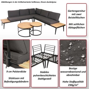Braune 3-teilige Garten-Garnitur mit dunkelgrauen Kissen und zwei Beistelltischen.