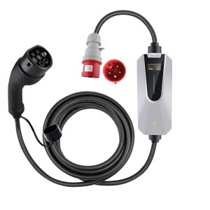 Junsun Mobile 11kW Typ 2 EV Ladegerät: graue Ladebox, schwarzes Kabel, Typ 2 Stecker, roter CEE-Stecker.
