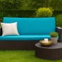 Blaues Gartenkissen-Set für ein 3-Sitzer Polyrattan-Sofa mit Rückenkissen.