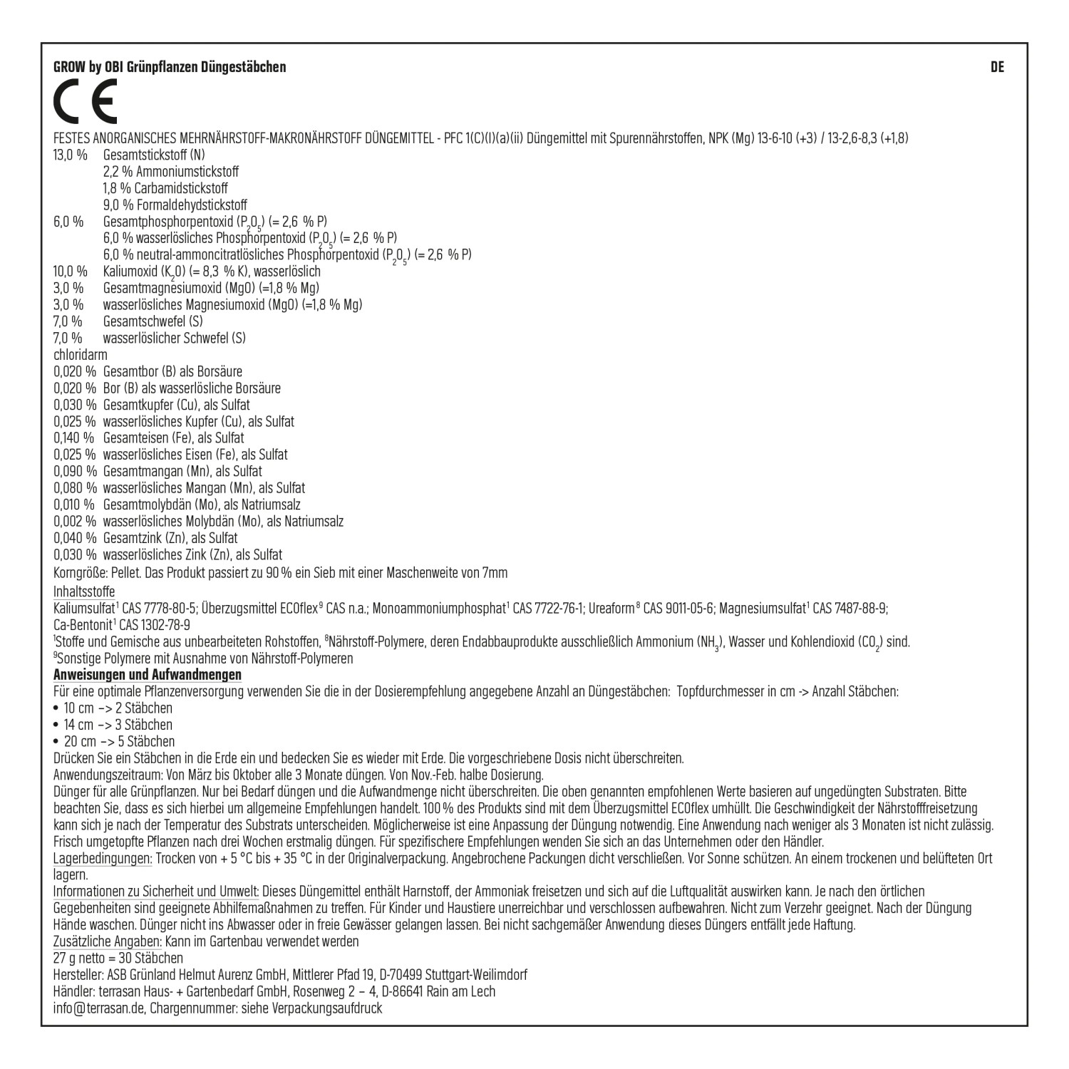 GROW Düngestäbchen für Grünpflanzen und Palmen, 30 Stück. Palmendünger für gesundes Wachstum.