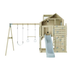 PolarPlay Spielturm Lasse mit Schaukel, Rutsche und Kletterwand aus Holz.