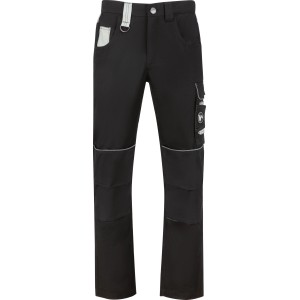 Schwarze Arbeits-Hose mit vielen Werkzeugtaschen, verstärkten Knietaschen und reflektierenden Streifen.