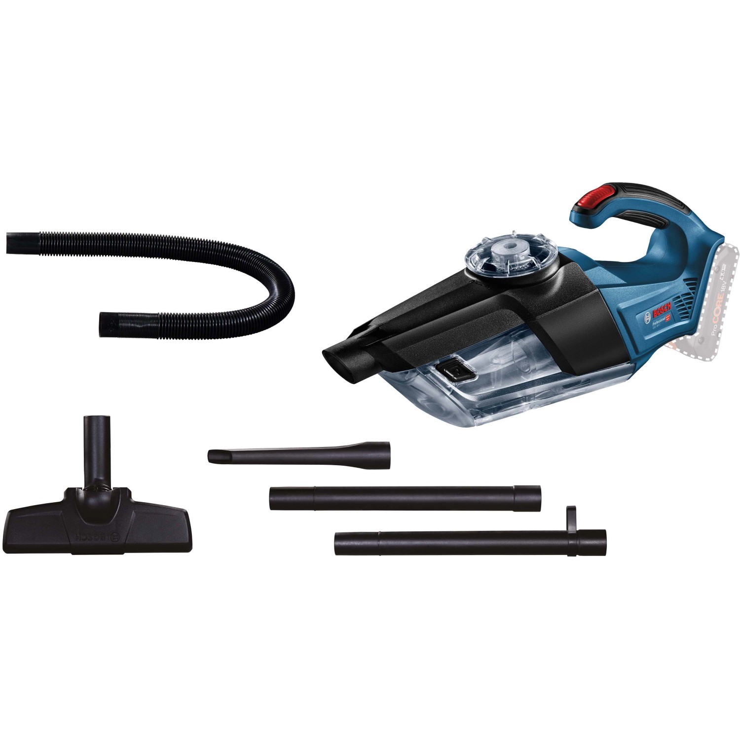 Bosch Professional GAS 18 V-1 Akku-Handstaubsauger mit Zubehör wie Düsen und Saugrohr.