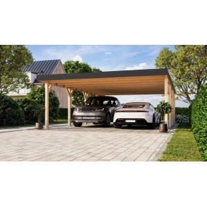 Karibu Doppelcarport aus Leimholz, naturbelassen, mit zwei geparkten Autos.