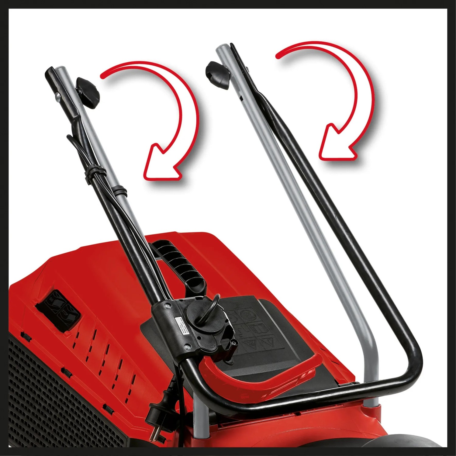 Einhell Elektro-Rasenmäher GC-EM 1032 mit klappbarem Holm und roten Pfeilen zur Illustration.