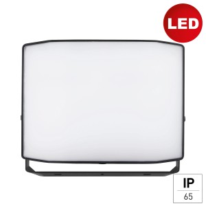 Schwarzer E2 Elektro LED-Strahler PRO 200W IP65 für Außen, Frontansicht.