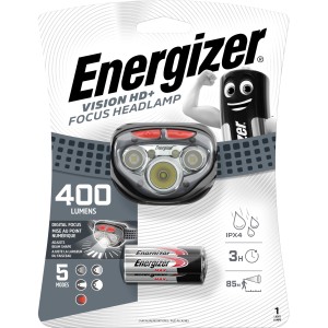 Energizer Vision HD Kopflampe mit Fokusfunktion und 3 AAA Batterien im Lieferumfang.