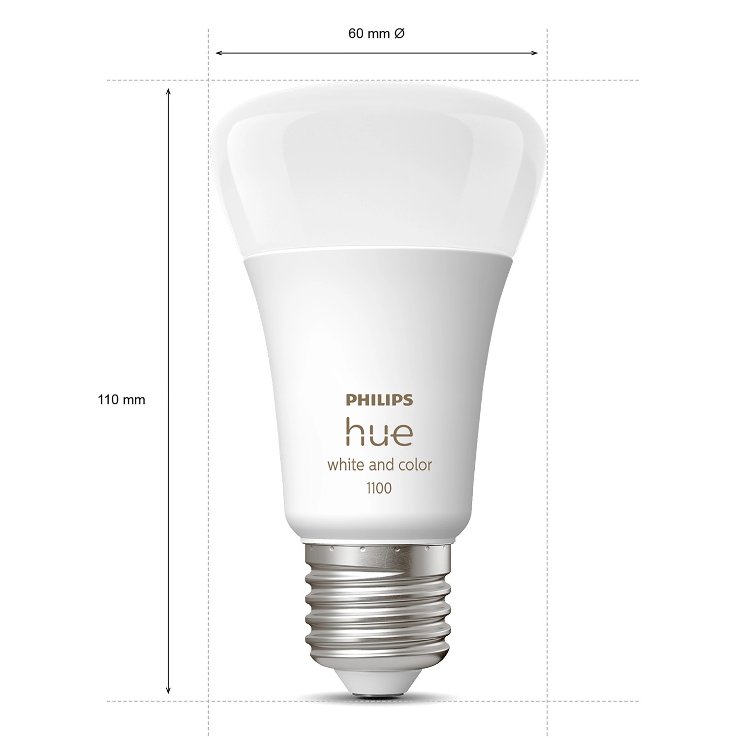 Philips Hue E27 LED-Lampe, White & Color Ambiance, 1100 lm, mit Maßangaben.