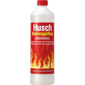 Husch Brennspiritus Universal 1000ml in weißer Flasche mit rotem Etikett und Flammenmuster.
