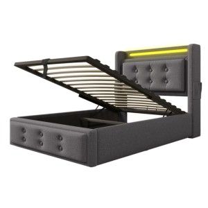 okwish Polsterbett 90x200cm mit LED Kopfteil USB Ladefunktion Jugendzimmer Grau mit Matratze