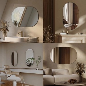 Vier ovale, rahmenlose Wandspiegel in Bad, Schlafzimmer, Wohnzimmer. Dekorativer Badspiegel.