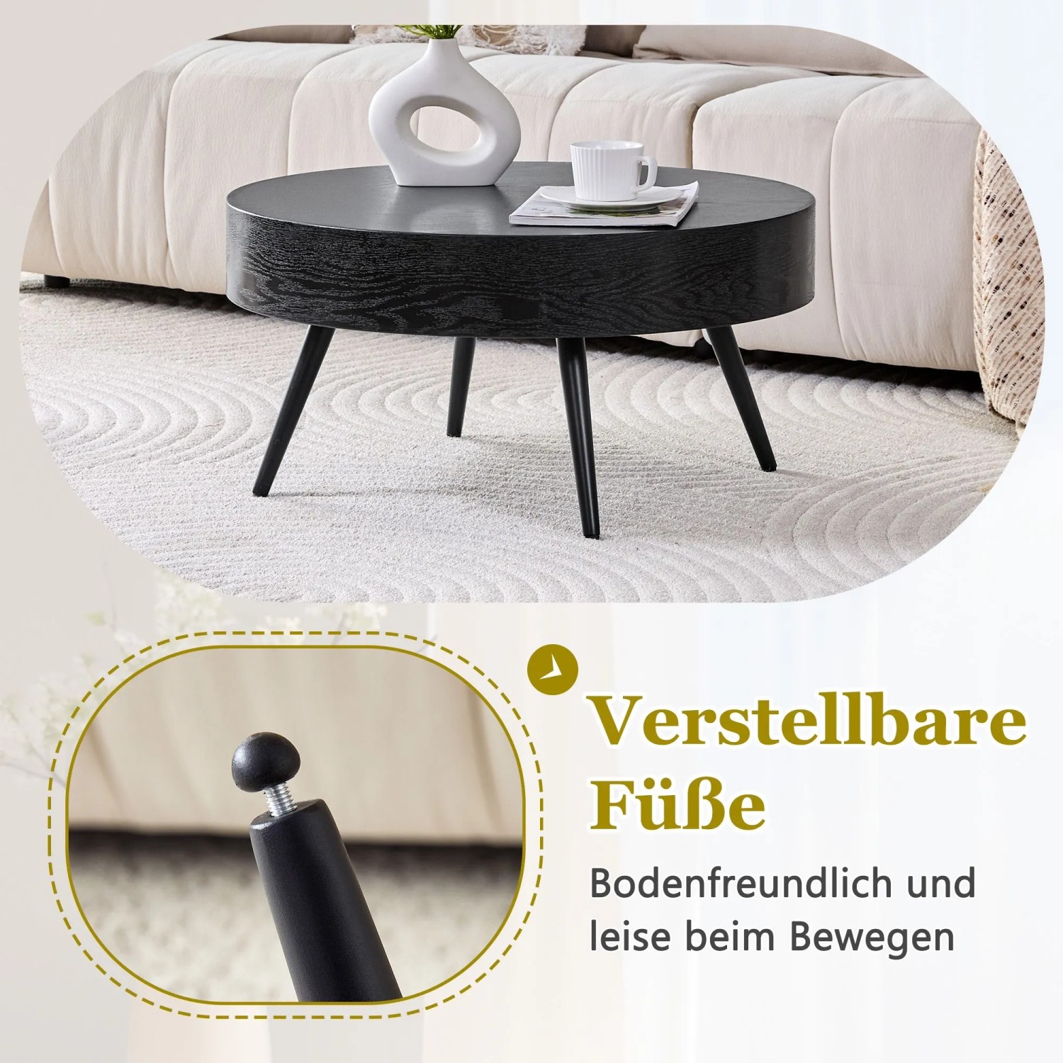 okwish Couchtisch mit Rundem Design und Metallbeinen für Wohnzimmer cm 70x70x35 Schwarz_8