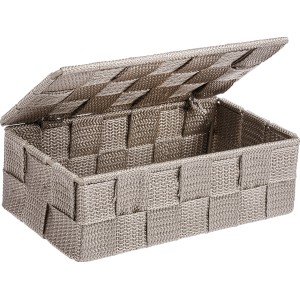 Offene, rechteckige Wenko Aufbewahrungsbox Adria Mini in Taupe mit Deckel aus Kunststoffgeflecht.