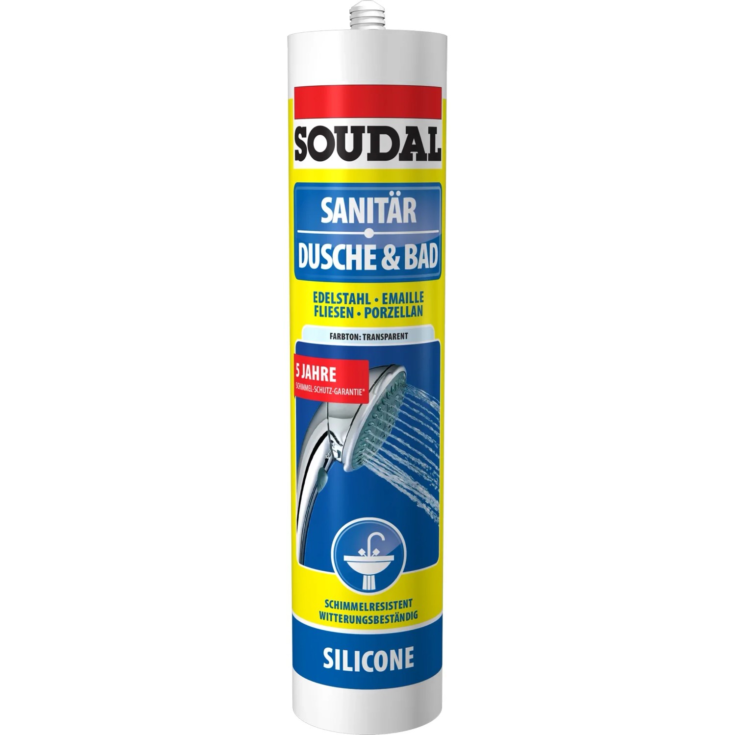 Soudal Dusche & Bad Silikon, silbergrau, für Sanitäranwendungen in Bad und Dusche.