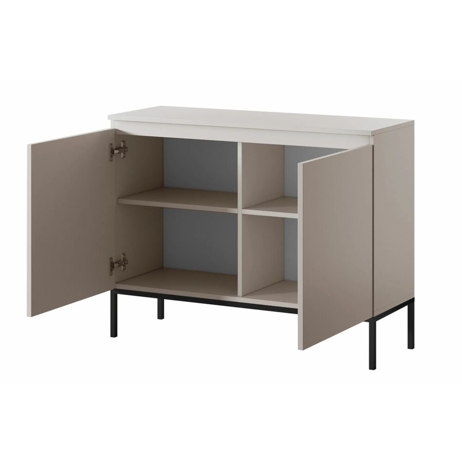 Selsey Sideboard Bemmi 100 cm in Kaschmirgrau mit schwarzen Beinen, Türen offen, zeigt 4 Fächer. Moderne Kommode.