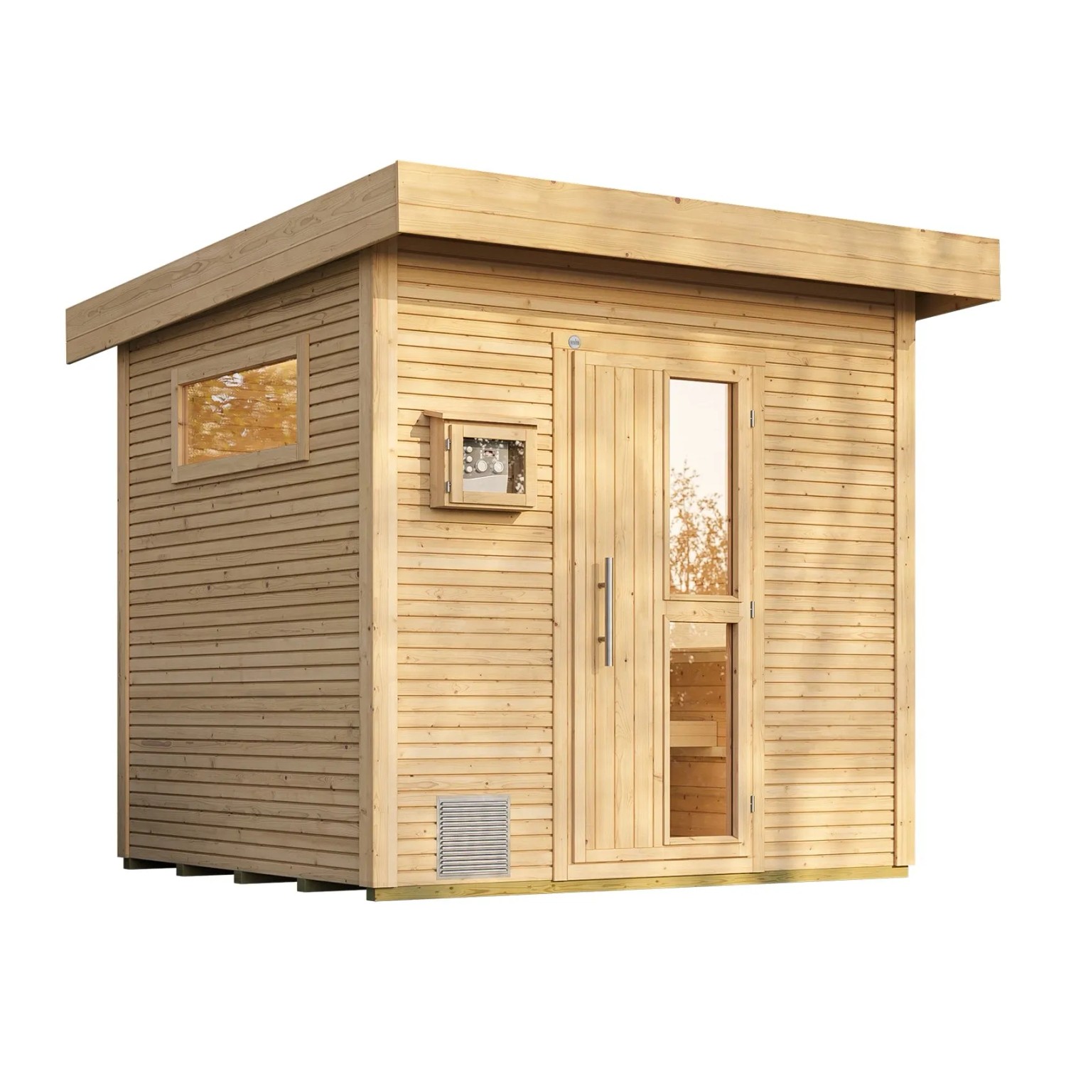 Weka Design Saunahaus Kuopio aus naturbelassenem Holz mit Fenster und Glastür.