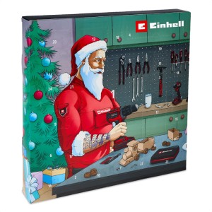 Einhell Werkzeug Adventskalender mit Weihnachtsmann in Werkstatt, Bohrmaschine und 24 Türchen. 24-teiliges Set für Handwerker.