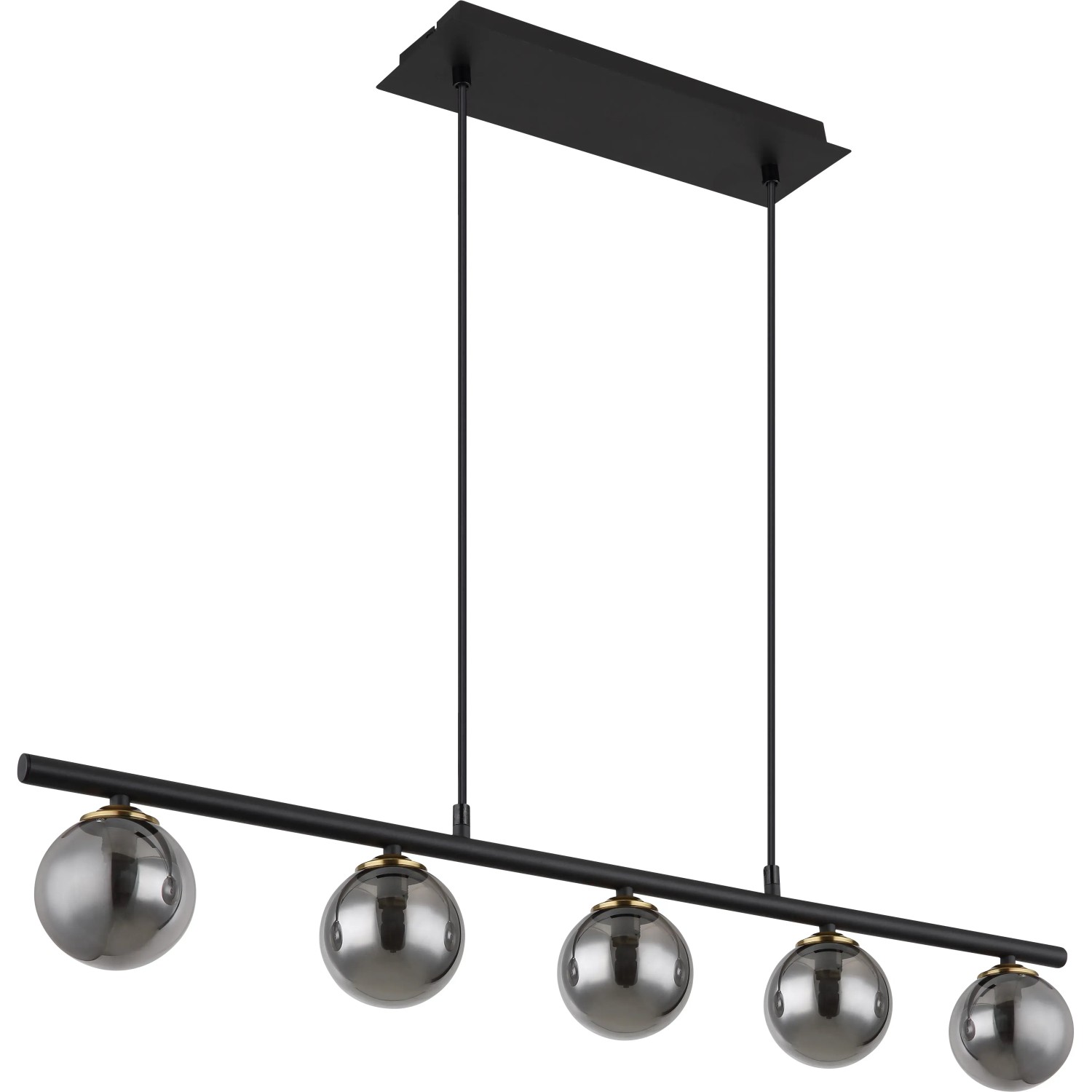 Moderne Globo Pendelleuchte Jorge, 5-flammig, schwarz matt mit rauchfarbenen Glasschirmen.