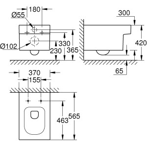 Technische Zeichnung des Grohe Wand-WC Cube mit Maßen für Installation und Sanitärplanung.