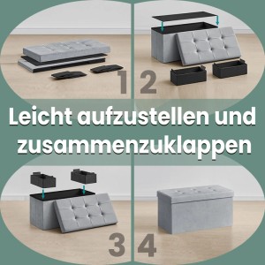 Songmics Sitzbank Minota, hellgrau, mit Stauraum und Aufbauanleitung in 4 Schritten.
