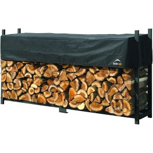 ShelterLogic Kaminholzregal mit Wetterschutz, gefüllt mit Holzscheiten.