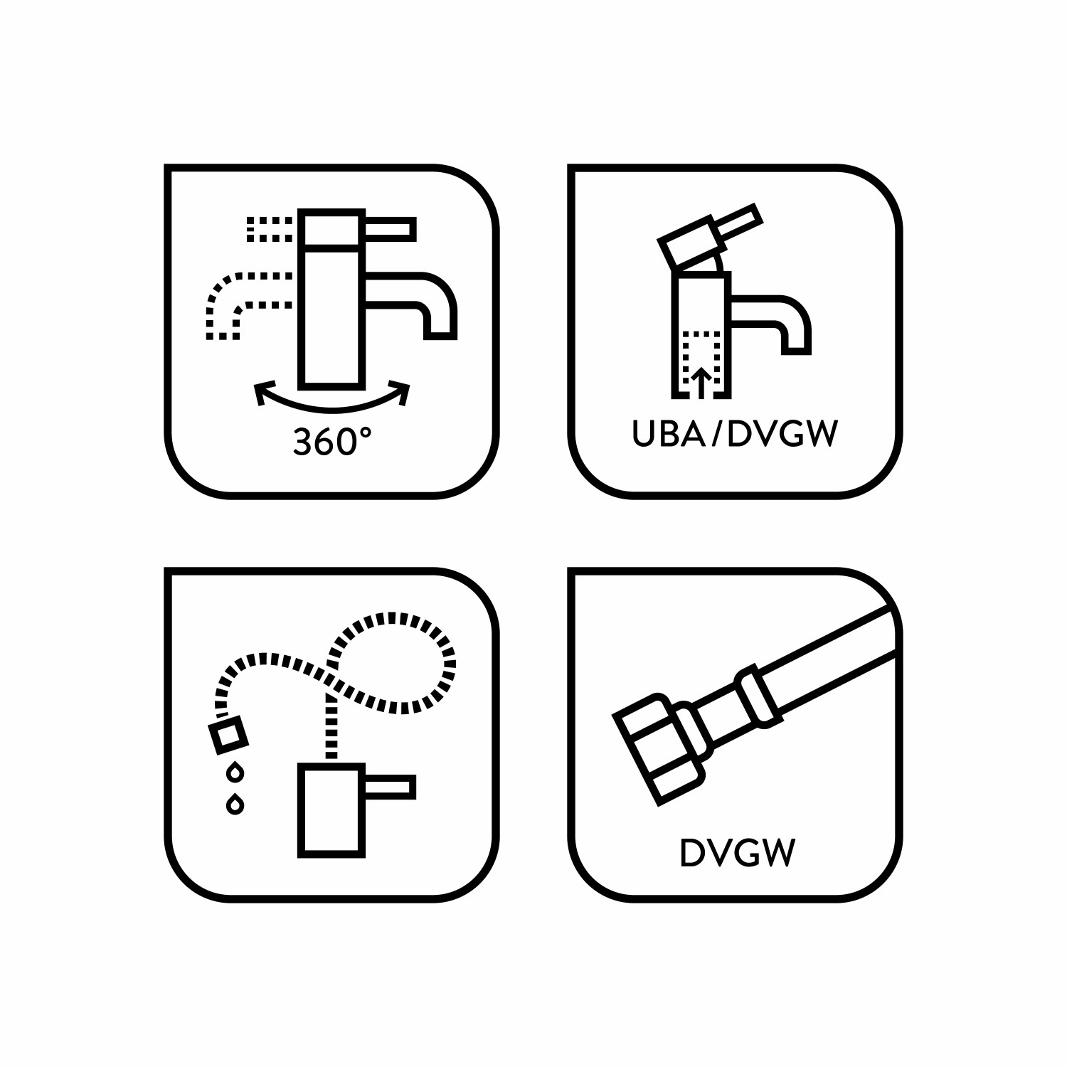 Piktogramme zur baliv Küchenarmatur KI-1172: 360° Schwenkbereich, UBA/DVGW-Zertifizierung, flexibler Schlauch, DVGW-Anschluss.