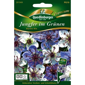 Samenpackung Quedlinburger Jungfer im Grünen 'Marine Mischung' mit blau-weißen Blüten.