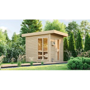 Weka Design-Saunahaus Kuopio 1 aus naturbelassenem Holz mit großem Fenster und Technikpaket.
