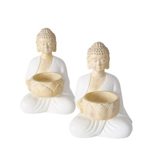 Zwei beige Buddha Teelichthalter Jamory, 15x10x10 cm, für stimmungsvolle Beleuchtung.