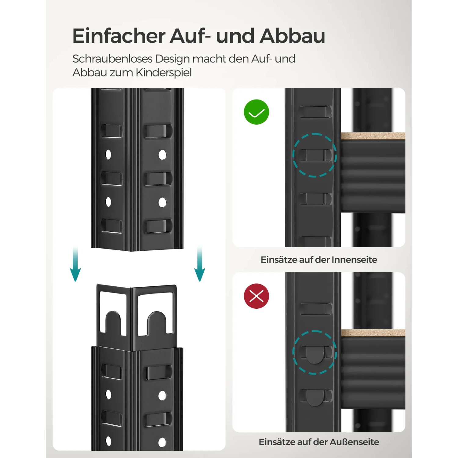 Montage des schwarzen Songmics Schwerlastregals: Stecksystem für Regale & Regalböden.