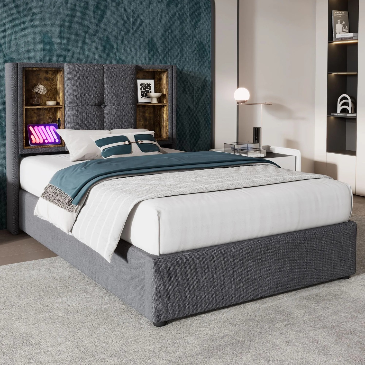 okwish Polsterbett 90x200cm mit USB C Laden Schlafzimmer Grau Leinen ohne Matratze_2