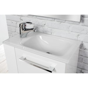 Fackelmann Handwaschbecken, 45 cm, Glas Weiß, mit Armatur und Unterschrank im modernen Gäste-WC.