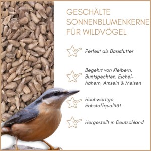 Geschälte Sonnenblumenkerne Wildvogelfutter mit Kleiber. Energiereiches Ganzjahresfutter für Gartenvögel.