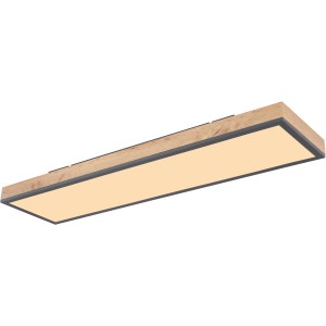 Rechteckige LED-Deckenleuchte Doro mit Holzrahmen und Fernbedienung.