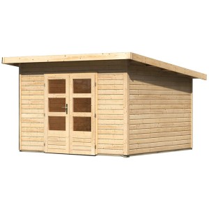 Unbehandeltes Karibu Holz-Gartenhaus Karlskoga 3 mit Pultdach und Doppeltür.