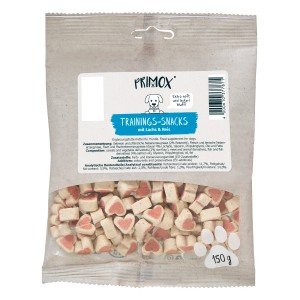 Primox Trainingssnack mit Lachs & Reis, 150g. Herzförmige Hundesnacks im Beutel.