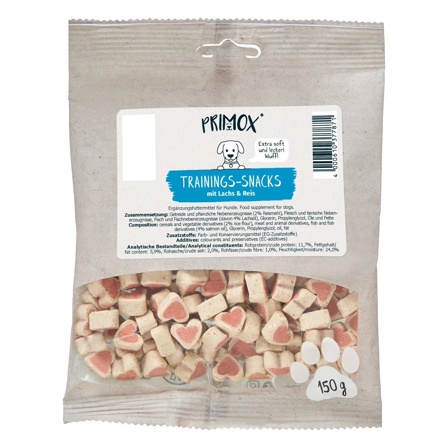 Primox Trainingssnack mit Lachs & Reis, 150g. Herzförmige Hundesnacks im Beutel.