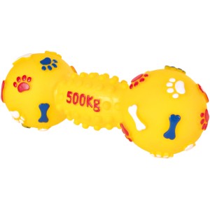 Gelbe Jollypaw Hantel aus Vinyl, 19 cm, mit bunten Pfoten- und Knochenmotiven. Kauspielzeug für Hunde.