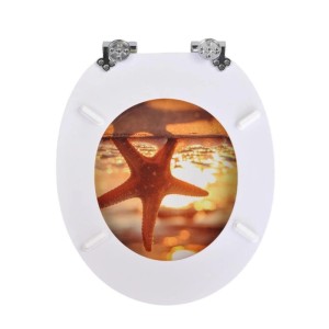 Weißer ovaler WC-Sitz mit Seestern-Motiv im Sonnenuntergang, Absenkautomatik.