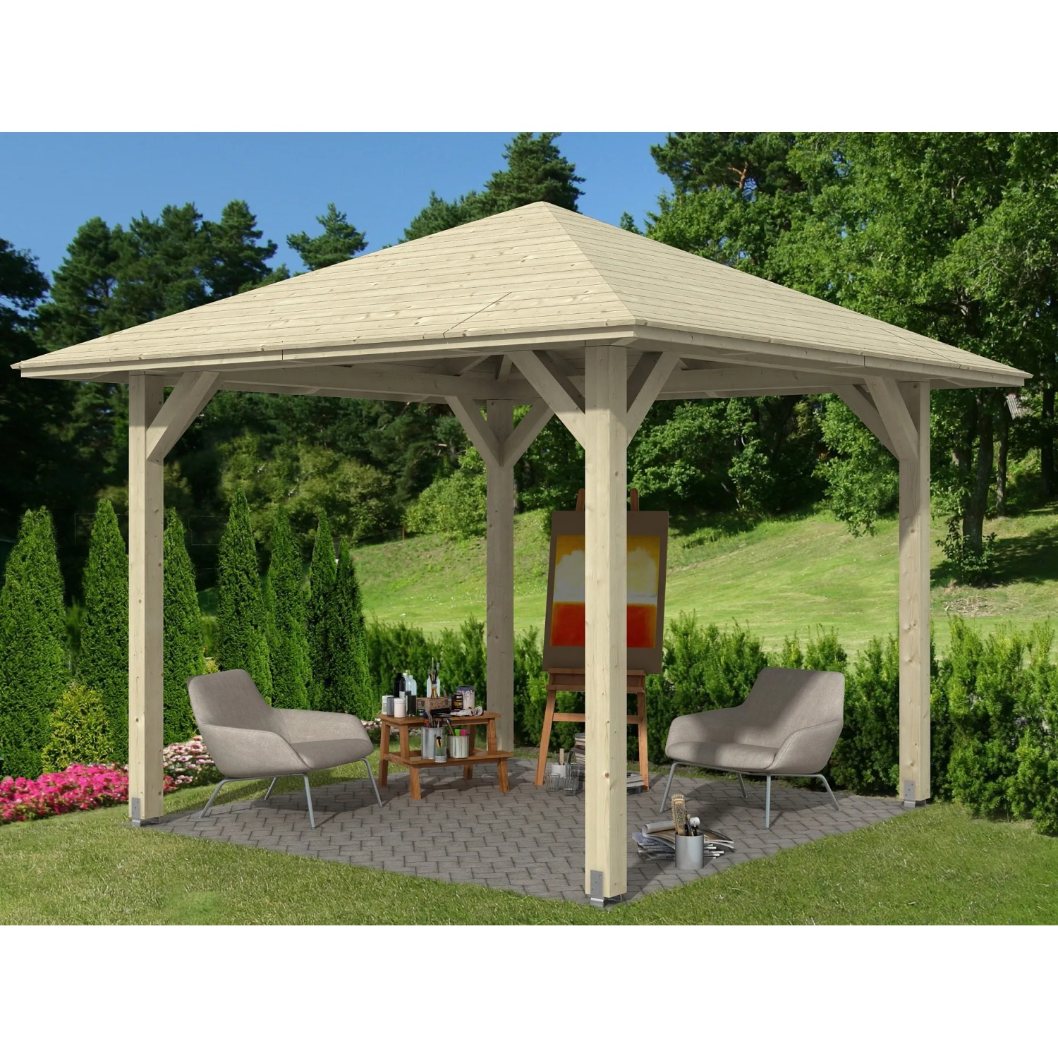 Unbehandelter Skan Holz Pavillon Cannes 1: Holzpavillon mit quadratischem Grundriss im Garten.