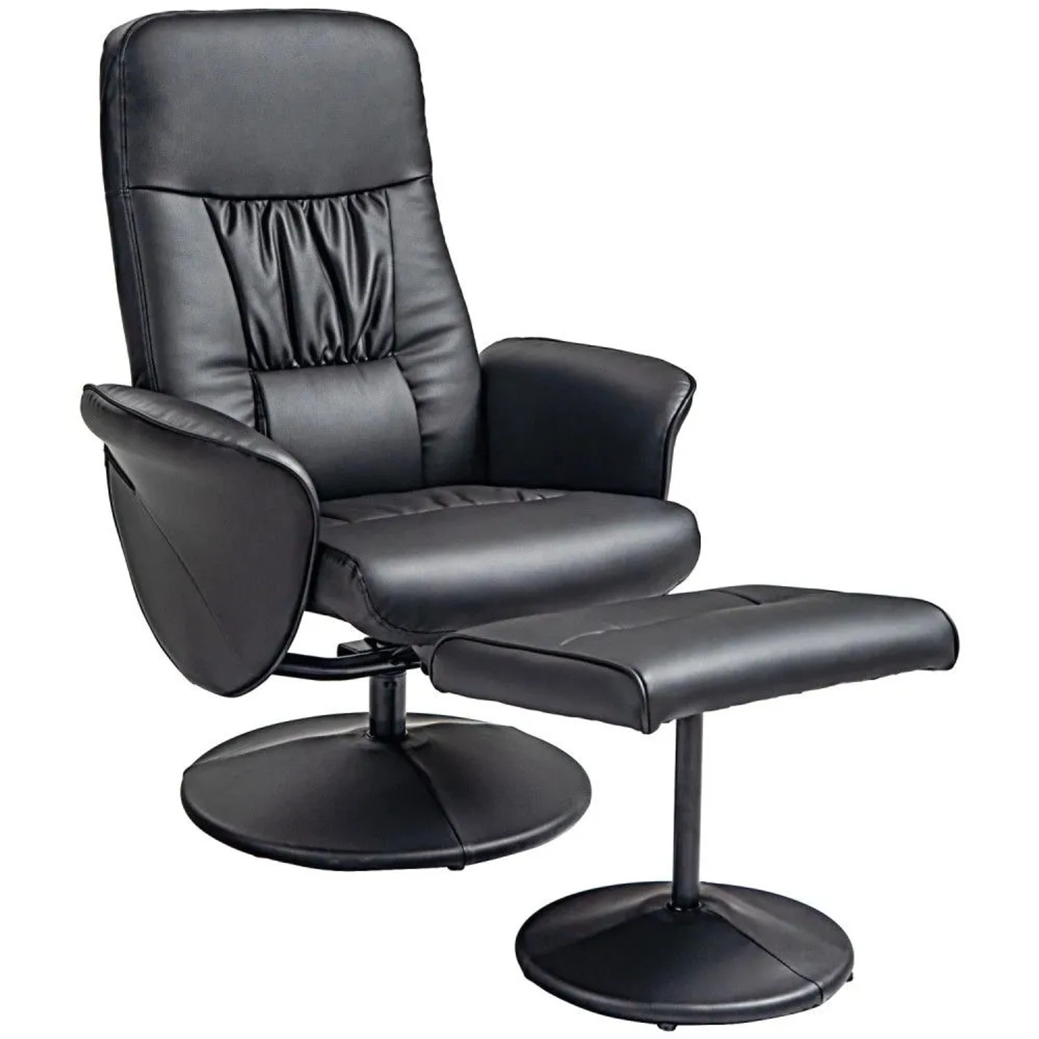 Schwarzer HOMCOM Relaxsessel mit Hocker aus Kunstleder, drehbar und mit Liegefunktion, ideal als Loungesessel.