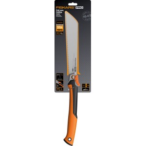 Fiskars Klappbare Zugsäge mit 25 cm Sägeblatt und orange-schwarzem Griff.