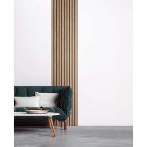 AS-Creation 3D-Panel Pop up Tapete in Beige-Braun mit Holzpaneel-Optik an weißer Wand.