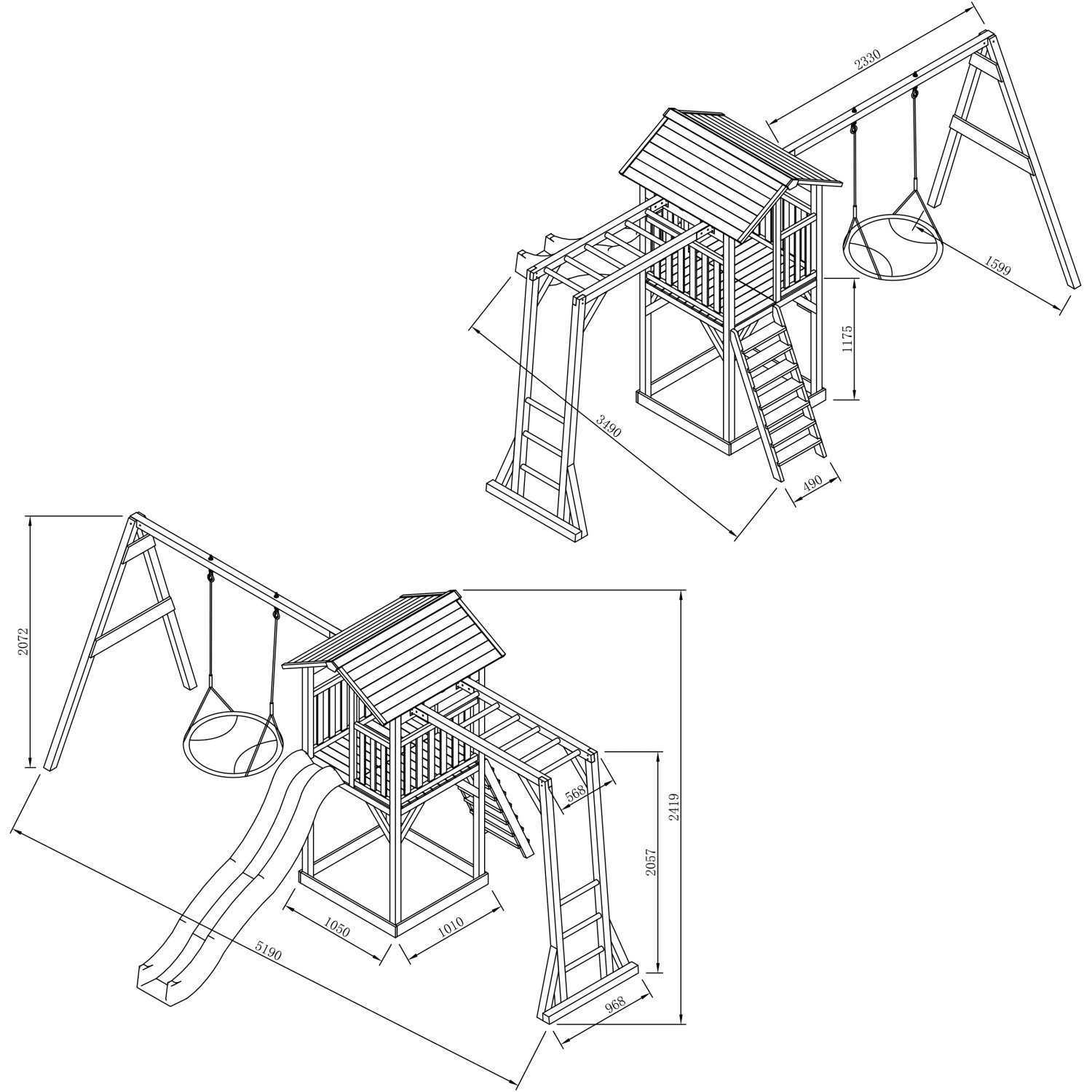 Detaillierte Schemazeichnung des Axi Beach Tower Spielturms mit Klettergerüst, Nestschaukel und Rutsche.