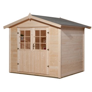 Weka Holz-Gartenhaus Ravenna A Natur, 240x205 cm, mit Satteldach und Doppeltür mit Lichtausschnitten.