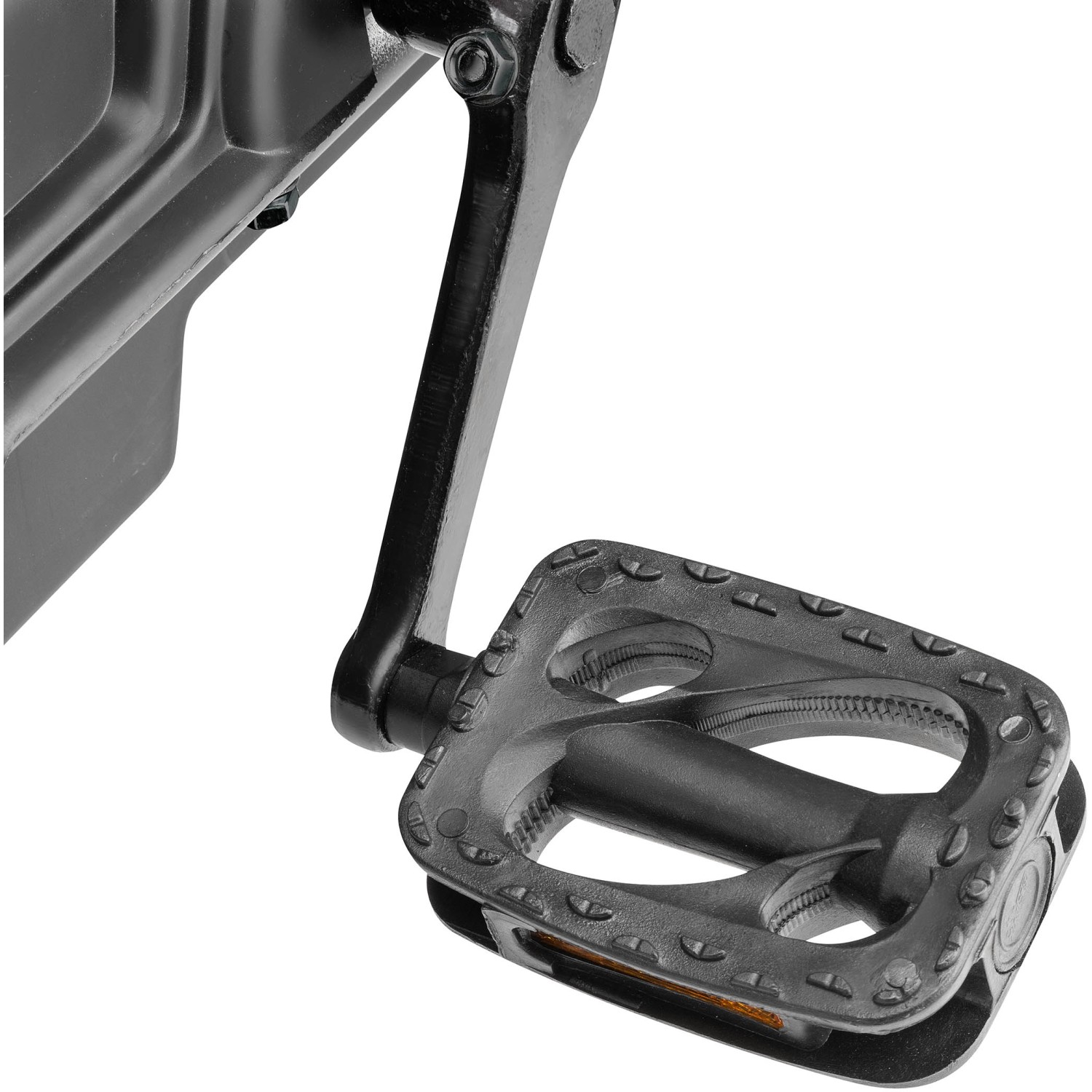 Detailaufnahme: Schwarzes Pedal des Xootz Go-Kart Venom. Spiel & Spaß für Kinder.