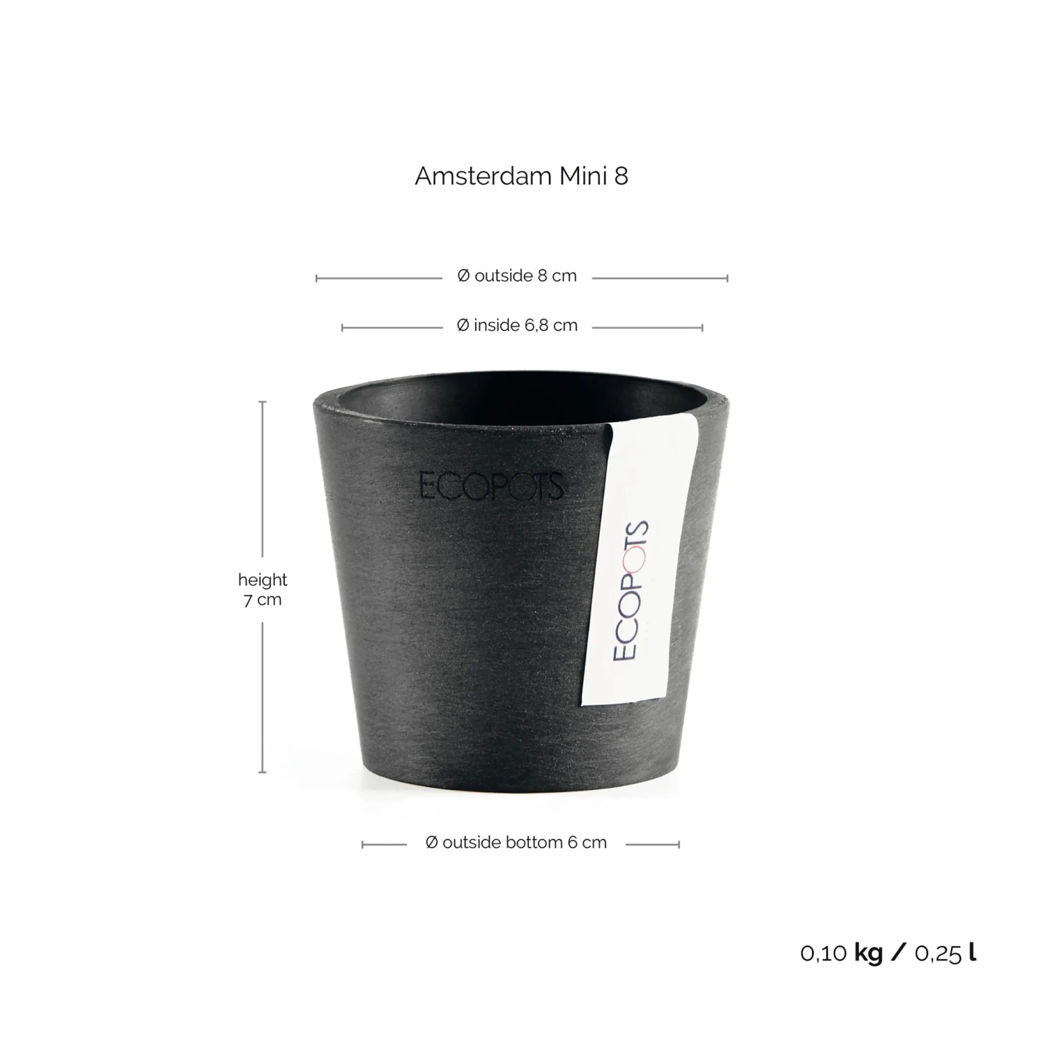 Ecopots Amsterdam Mini Pflanztopf, dunkelgrau, 8 cm. Ideal für drinnen und draußen.